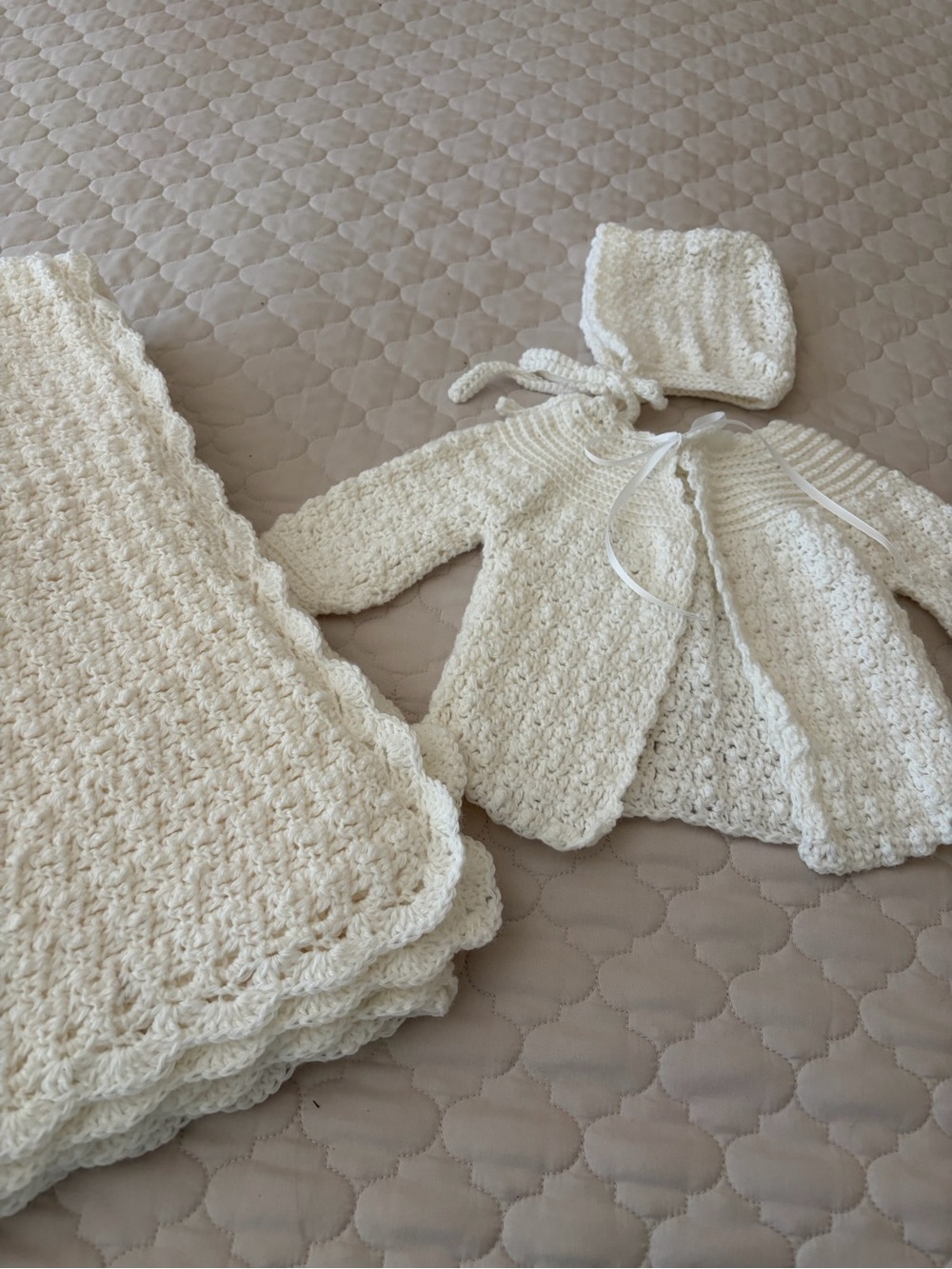 Handmade Crocheted Baby Set - Cream Blanket & Jacket with Bonnet - Picture 1 of 4